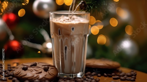 Coffee in a glass with milk and cookies on the background of the Christmas tree. Christmas Concept With Copy Space