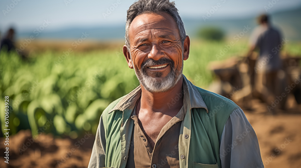 Portrait of a mature farmer working in his vegetable garden, smiling. 