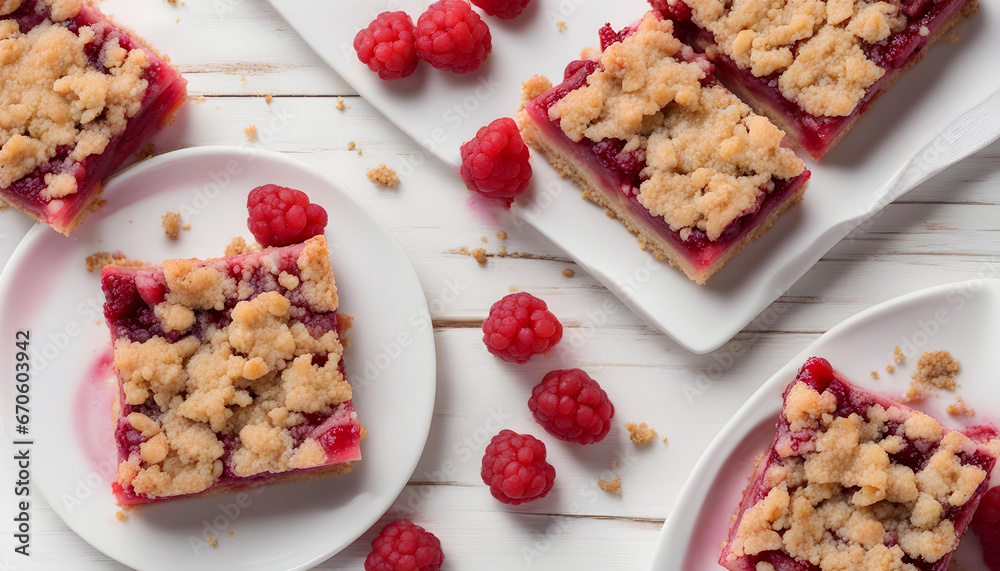 A pieces of cranberry crumble bars in the white plate. A pieces of cranberry crumble bars in the white plate.