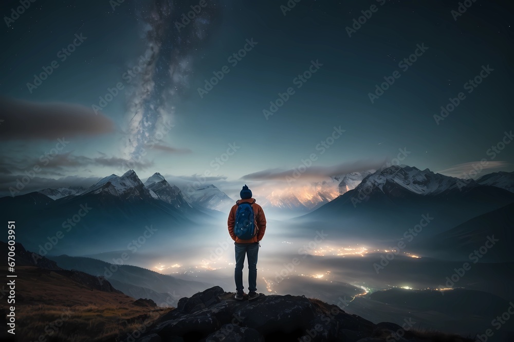 Back view of tourist standing on background of mountains and sky with glowing stars in night time.
Nature landscape, Mountains, a man looking away into the mountains on a starry night
Back view of tourist standing on background of mountains and sky with glowing stars in night time.
Nature landscape, Mountains, a man looking away into the mountains on a starry night
