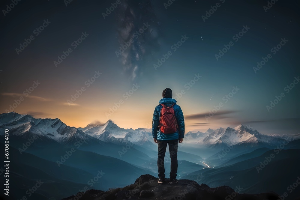 Fototapeta premium Back view of tourist standing on background of mountains and sky with glowing stars in night time. Nature landscape, Mountains, a man looking away into the mountains on a starry night