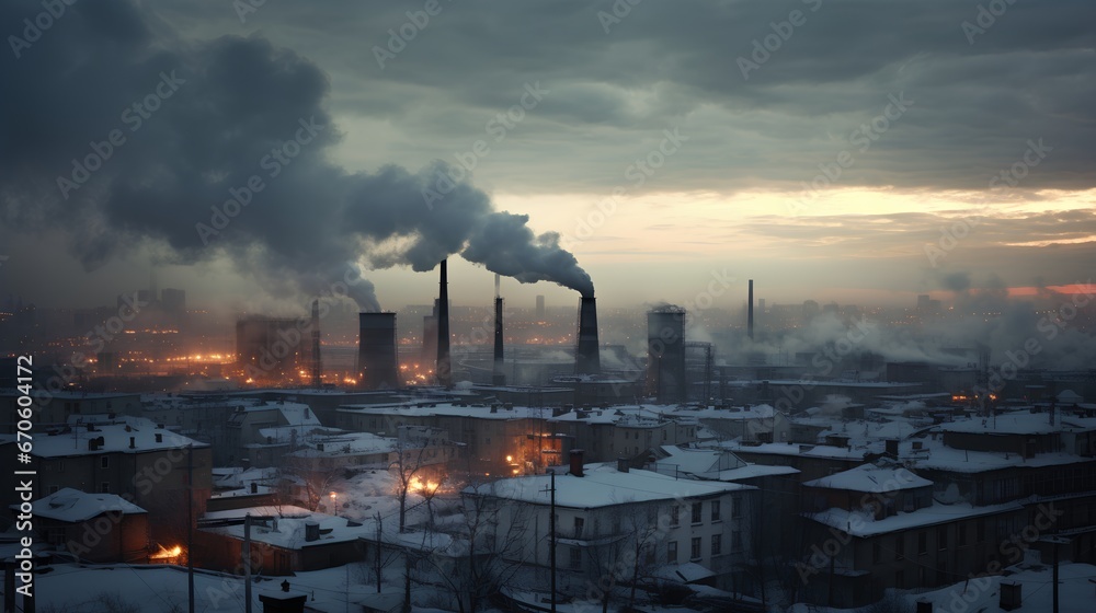 Winter heating season air pollution from burning. City central heating station CO2 or carbon dioxide smoke emissions. Bad and unhealthy air quality from urban chimney. Global warming cause.