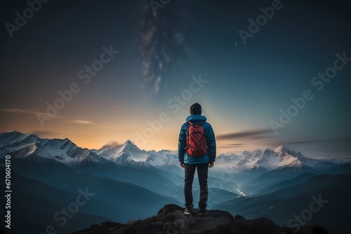 Back view of tourist standing on background of mountains and sky with glowing stars in night time. Nature landscape  Mountains  a man looking away into the mountains on a starry night