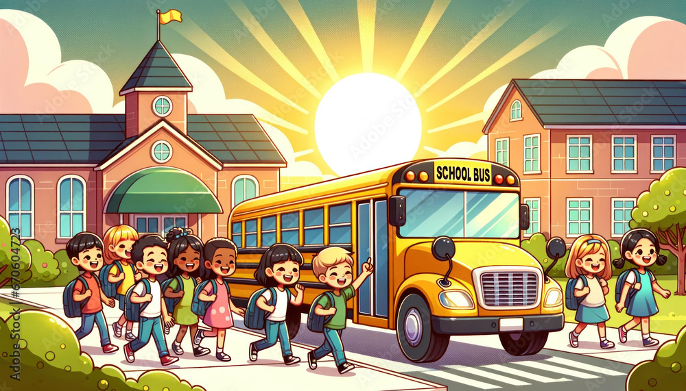 Sunrise School Bus Scene with Excited Children Boarding