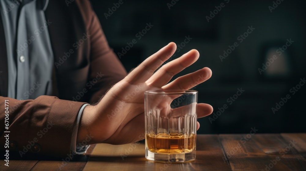 man refuses say no and avoid to drink an alcohol whiskey , stopping hand sign male, alcoholism treatment, alcohol addiction, quit booze, Stop Drinking Alcohol. Refuse Glass liquor, unhealthy, reject