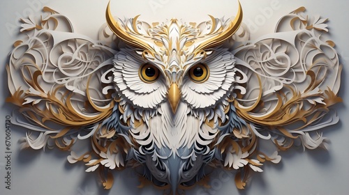 realistic owl in golden and white ornamen design