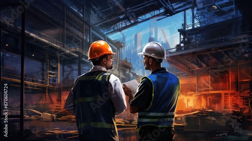 Industrial workers in safety vests and hard hats collaborating on a project, engineer, industrial, safety, construction, factory, building, development, architect, production © pinkrabbit