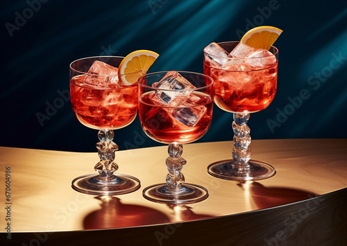 Three negroni cocktail glasses with ice and orange slice on blue background.Macro.AI Generative. photo