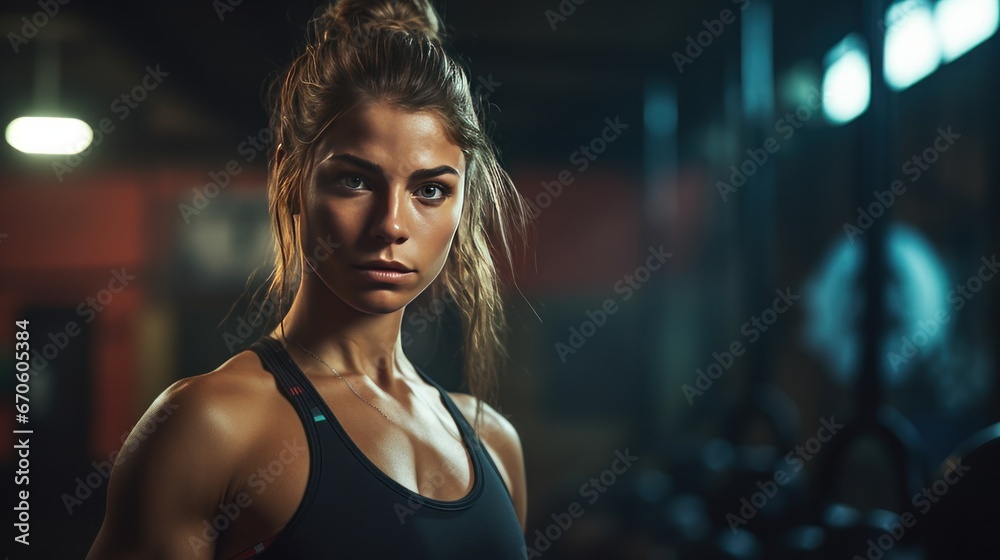Female athlete in gym with kettlebell