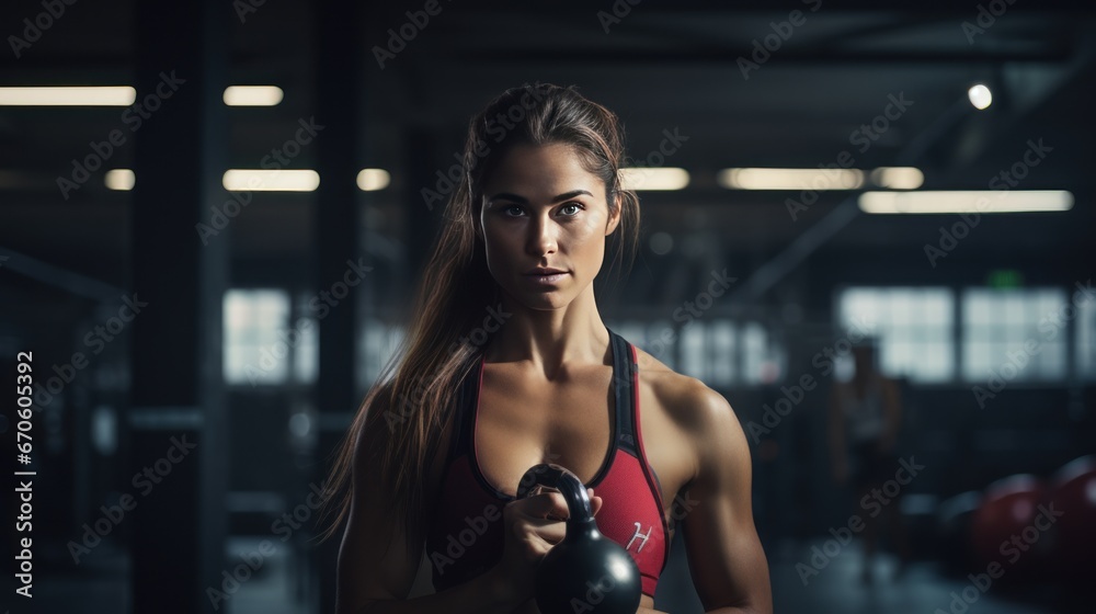 Female athlete in gym with kettlebell