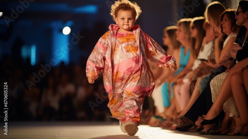 Fashion show: fat child model walking on the catwalk