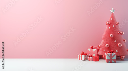 Mikołajki - prezenty pod choinkę na gwiazdkę - różowe tło na życzenia na święta Bożego Narodzenia. Xmas. Wesołych Świąt. 