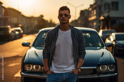 Young drug dealer or junior gang member in the street standing by his car © Kondor83