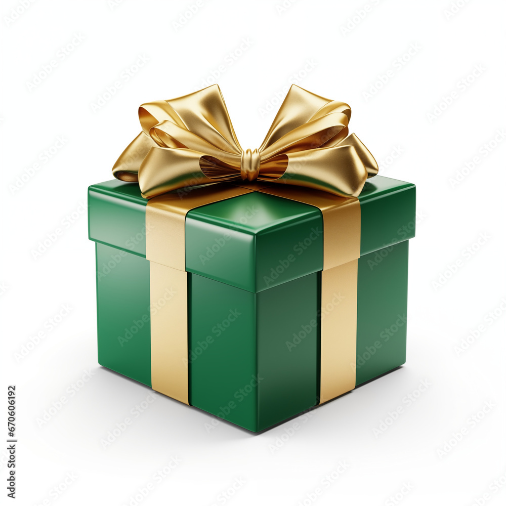 Obraz premium Green gift box with gold bow, isolated on white background.