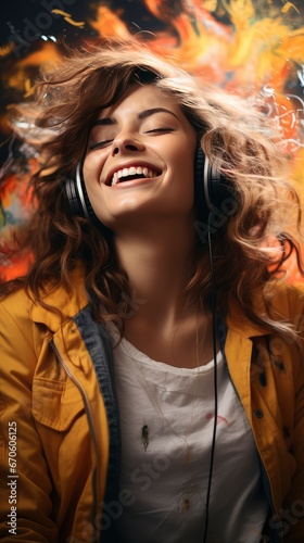 Stunning close-up of a woman with wavy hair, gleaming smile, and headphones, set against a muted background.