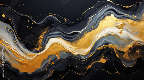 Abstract Marble Background: Black Waves, Gold Splashes in Luxurious Ink Painting photo
