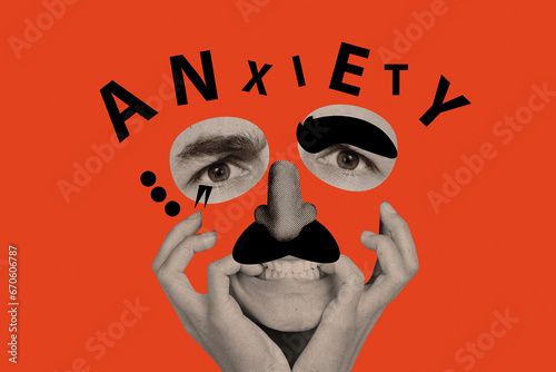 Foto Creative absurd collage illustration of human painted face biting nails nervous