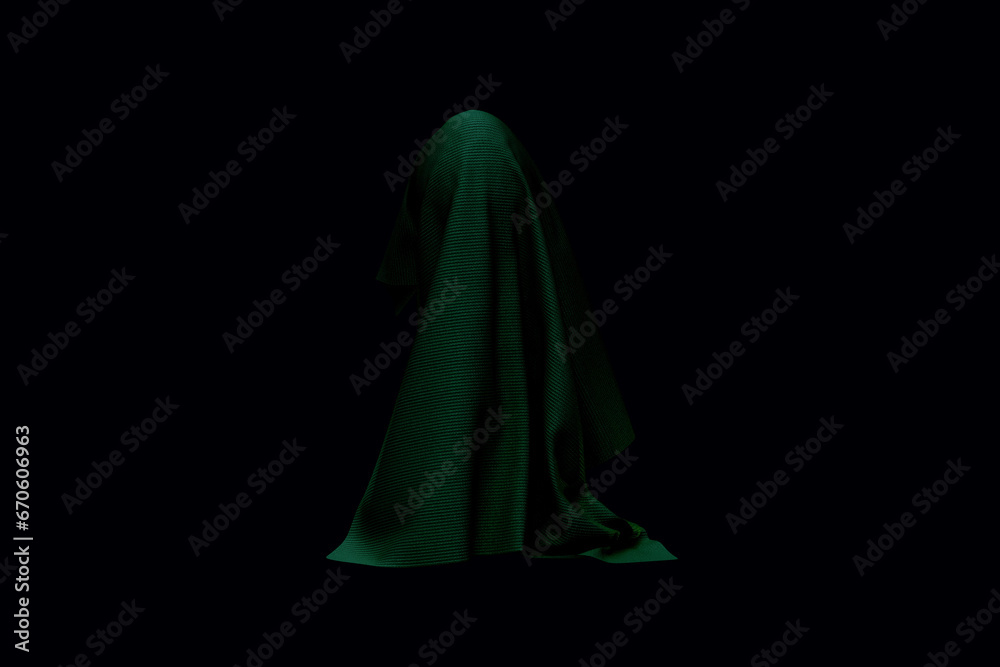 Fabric fall off motion shape like a ghost devil on dark blue background 3D rendering