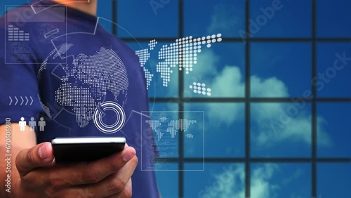 The man using the smartphone , Global application technology , Social media marketing ,Digital data