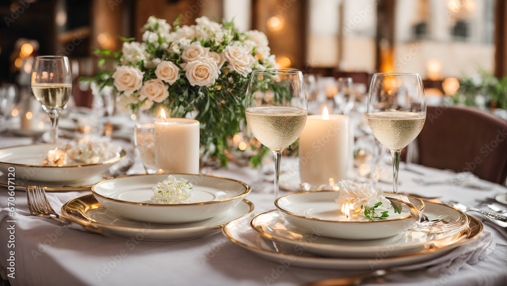 Champagne glasses, plate, flowers, candles