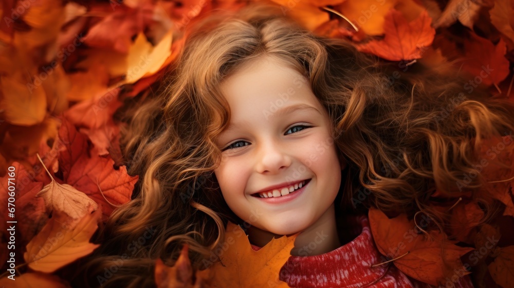 Girl lying on the ground on autumn leaves Some bright orange-yellow maple leaves covered their faces.