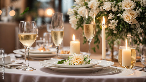 Champagne glasses, plate, flowers, candles