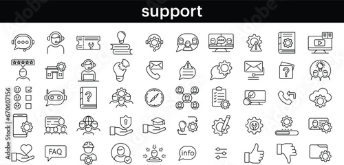 Set of 50 Support icons. Big UI icon set. Thin outline icons pack. Chat, support, message, phone, globe, point, chat, call. Vector illustration.