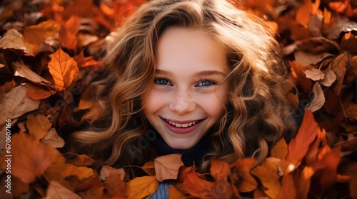 Girl lying on the ground on autumn leaves Some bright orange-yellow maple leaves covered their faces. © somchai20162516