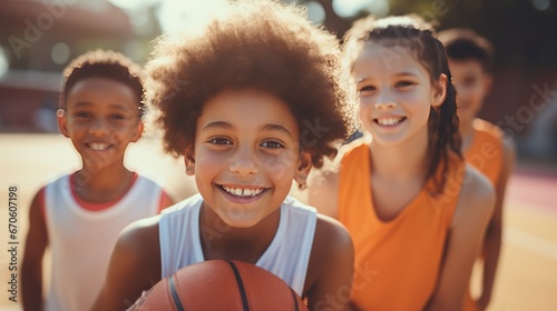 Group of cute kids playing basketball and looking at the camera at the sports field on a sunny day. Summer Camp