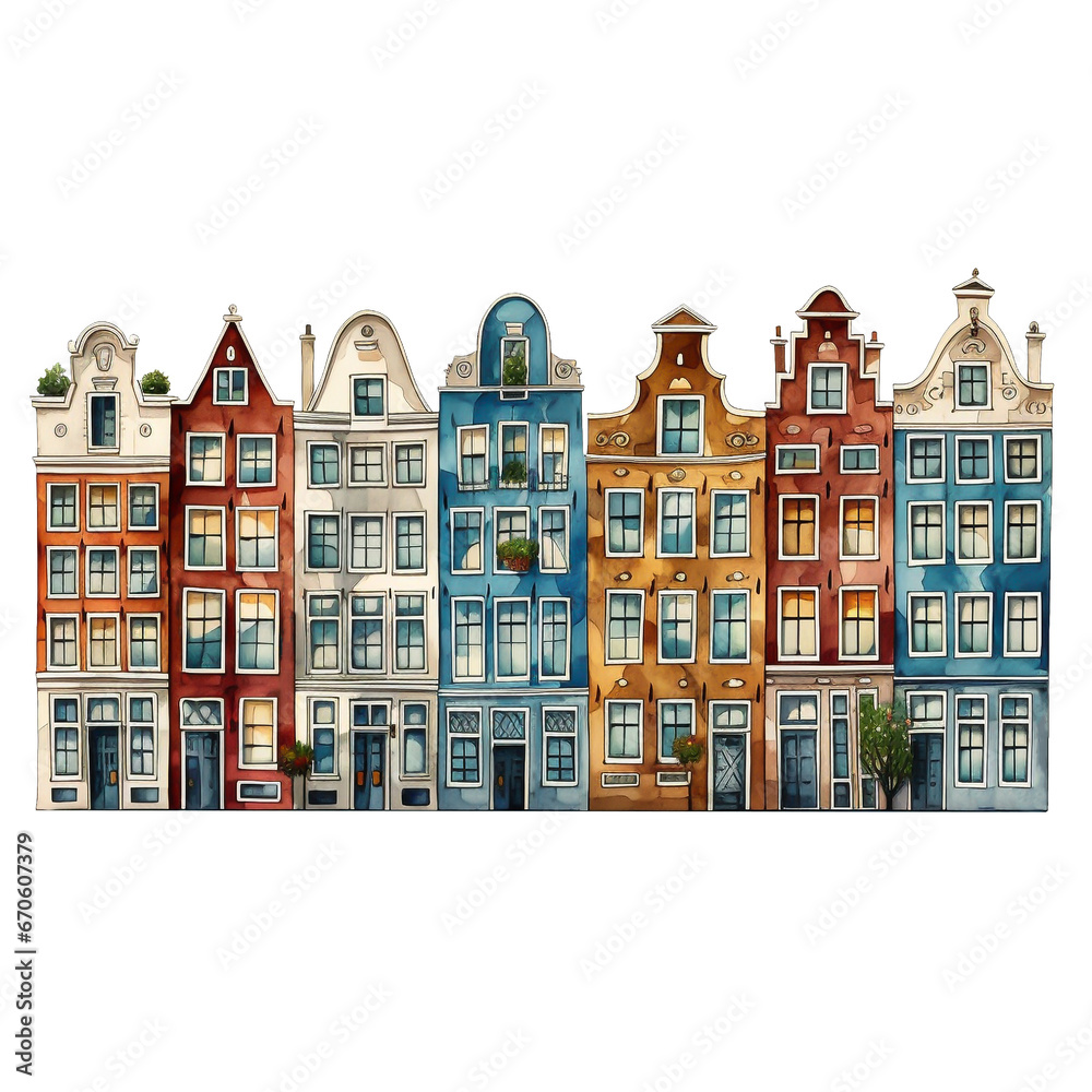 Amsterdam row of colorful tall and narrow buildings, dutch architecture houses in bright colors png isolated on a transparent background, watercolor clipart illustration