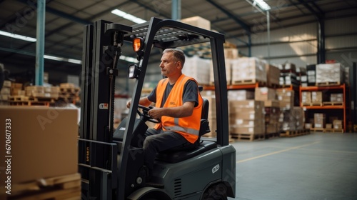 Male worker drives a forklift in industry
