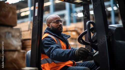 Male worker drives a forklift in industry