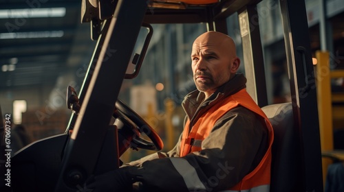 Male worker drives a forklift in industry