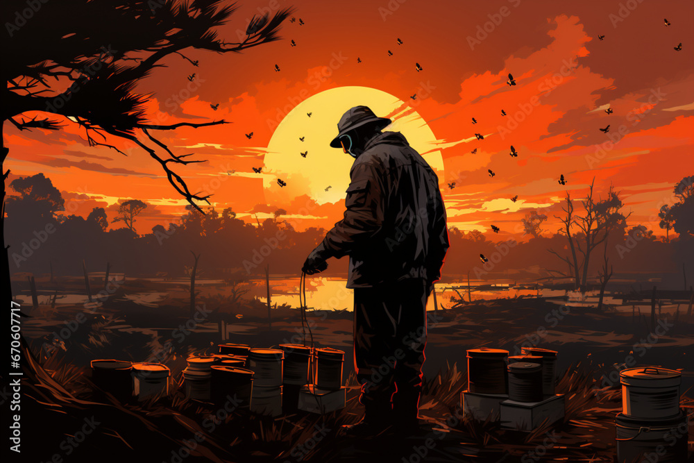 Beekeeper in Rustic Apiary Silhouette - Generative AI