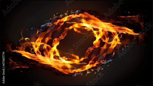 An abstract long exposure photography of swirling flames in red, orange, and yellow with black smoke, creating a primal, hypnotic atmosphere.