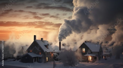 Heating season air pollution from burning wood, coal or fossil. CO2 smokes from residential houses chimney. Winter season smog and environmental problem from urban issues. Emissions health risks.