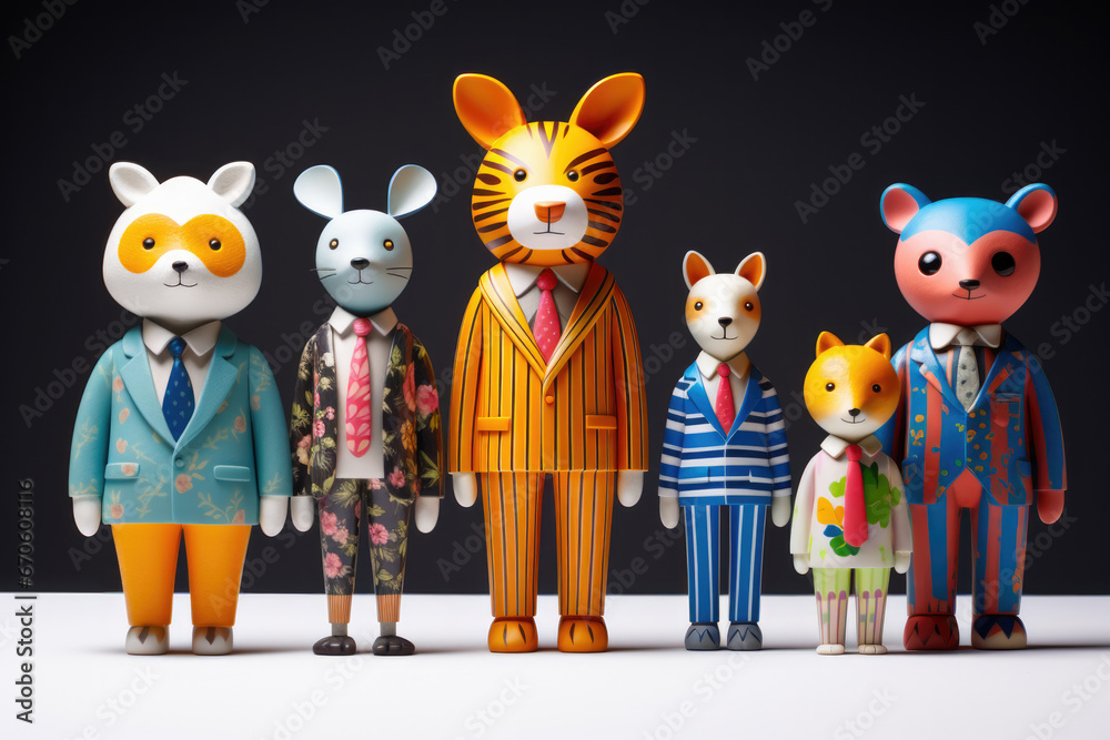 Set of funny toy animals in the 3D Memphis Style - obrazy, fototapety, plakaty 