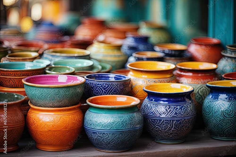 Beautiful colorful traditional ceramic crafted decoration items in the handicraft market.	
