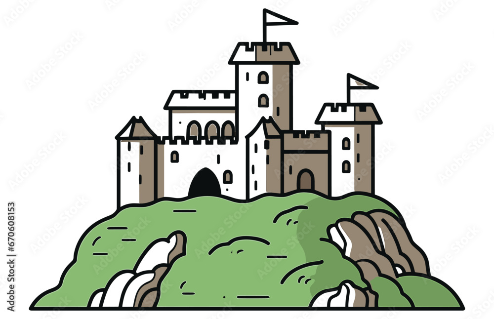Medieval Castle on a Green hill. Fortified medieval stronghold or a hilltop fortress.