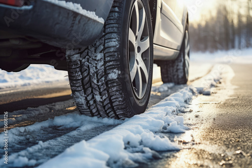 Close-up of a car's wheel navigating snowy terrain, showcasing the reliability of winter tires © Enigma