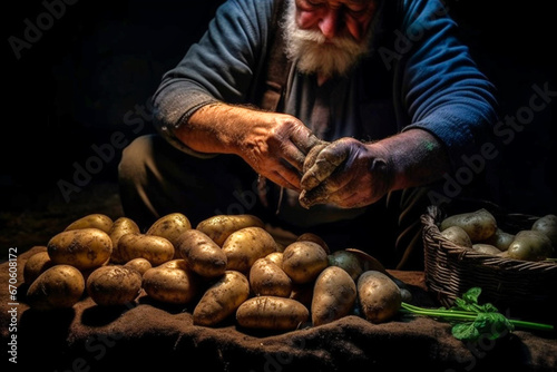 The hands of a farmer checking the potatoes in the field.AI generative.