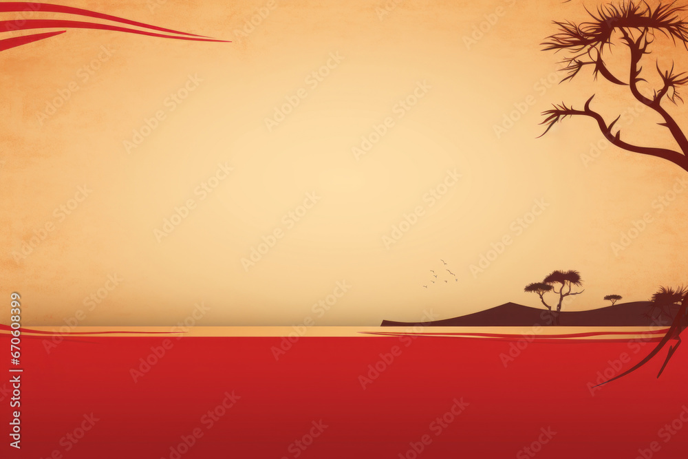 Kwanza Background: Silhouettes of African Trees and a Flock of Birds Against the Yellow Sky Over the Water and Red Earth, with Dark Silhouettes of Mountains on the Horizon