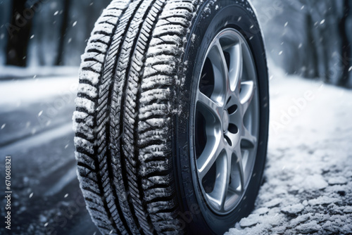 Car tire close up on an icy road in the mountains © Enigma