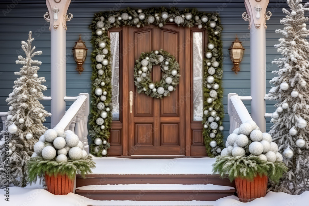 New Year's decoration of the house with garlands and balls, Decorated staircase and doors of the house