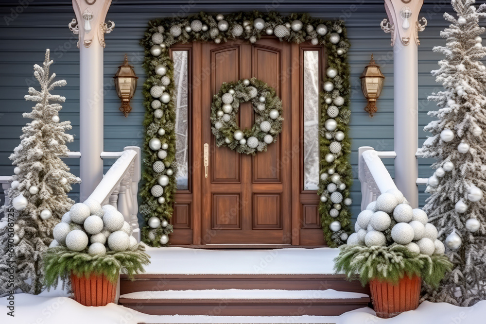 Obraz premium New Year's decoration of the house with garlands and balls, Decorated staircase and doors of the house