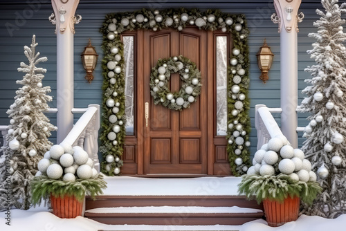 New Year's decoration of the house with garlands and balls, Decorated staircase and doors of the house © Enigma