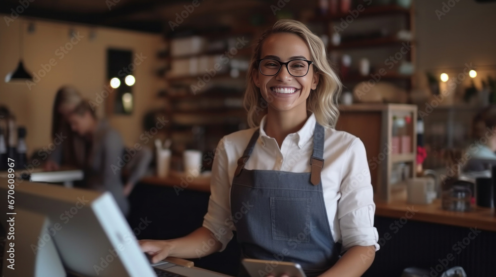 A female cashier, Portrait of smiling merchant uses touchpad to accept customer payments, small business cafe cafeteria, Cashier working in store. - obrazy, fototapety, plakaty 