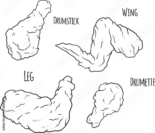 Chicken Animal Farm Raw Meat Food Icons Set Vector. Chicken Leg , Neck And Back, Wing And Drumstick Bird Body Parts, Heart And Liver Black Contour Illustrations. line vector set