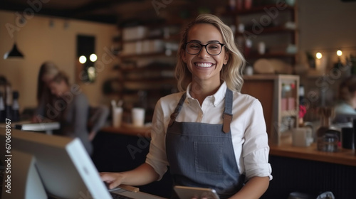 A female cashier, Portrait of smiling merchant uses touchpad to accept customer payments, small business cafe cafeteria, Cashier working in store. photo