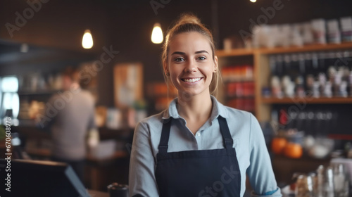 A female cashier, Portrait of smiling merchant uses touchpad to accept customer payments, small business cafe cafeteria, Cashier working in store.